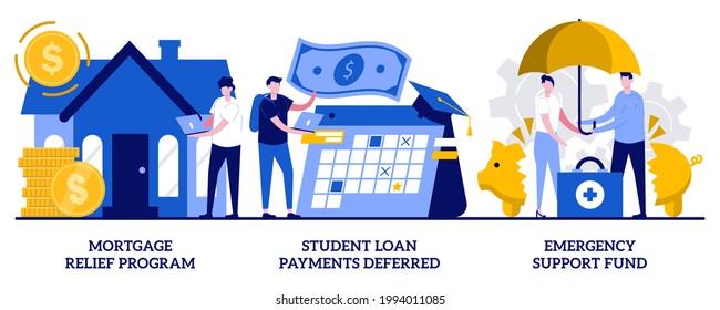 Mortgage Relief Program, Student Loan Deferred Payment, Emergency Response Support Fund Concept With Tiny People. Government Help Abstract Vector Illustration Set. Financial Hardship Metaphor.
