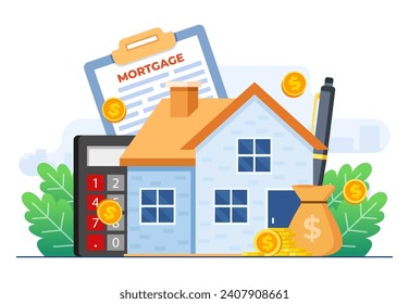 Mortgage and rent concept flat vector illustration vector template, House loan or money investment to real estate, Mortgage loan, Purchasing property, Home loan, Home bank credit