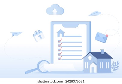 Mortgage or rental contract concept. Housing contract checklist, insurance, legal document, investment property. Flat vector design illustration.