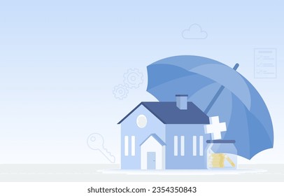 Mortgage or rental protection in real estate safeguarding homes, insurance, legal management, homeowner, investment property. Flat vector design illustration with copy space.