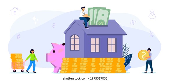 Mortgage Saving to buy a house or home savings vector illustration concept Planning savings money to buy a home Property investment House loan Money investment to real estate Money from piggy bank