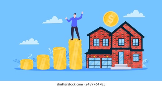 Mortgage saving money to buy a house flat style design business concept. Real estate property or mortgage loan investment. Businessman climbs money coin stack and home building vector illustration.