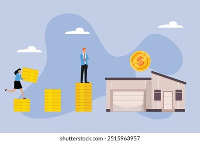 Hipoteca ahorrando dinero para comprar una casa - Inmobiliaria o préstamo hipotecario inversión 2d Ilustración vectorial plana