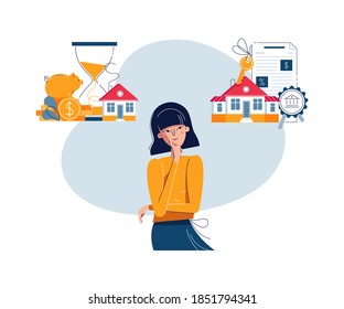 Mortgage or Savings choice concept. Woman decides between saving money for a long time and real estate buying. Piggy bank, hourglass. Saving coins or big house buying. Flat design vector illustration