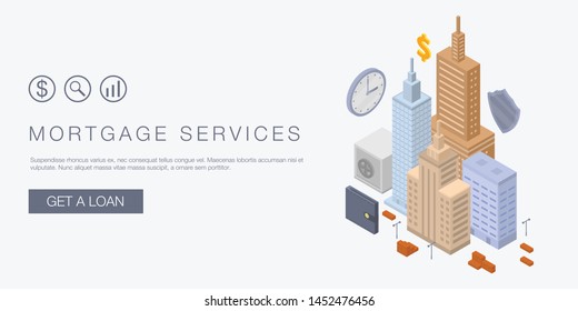 Mortgage services concept banner. Isometric illustration of mortgage services vector concept banner for web design