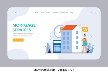 Mortgage Services web or landing page. Tailored home loan solutions to make property dreams a reality. Guidance through interest rates and repayment plans. Flat vector illustration.