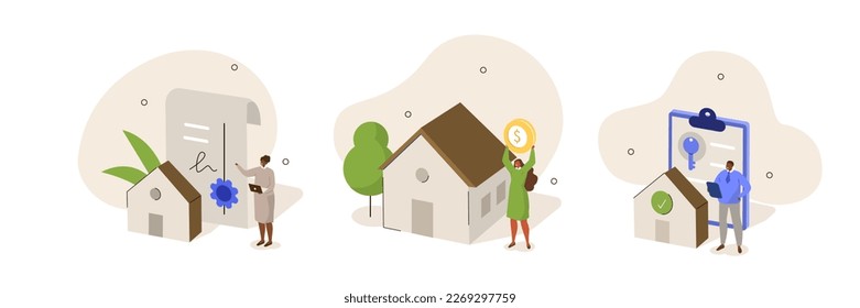 Mortgage set. Character purchasing property with help of real estate agent and lawyer. Obtaining approval from the bank, signing contract and legal document. Home buying concept. Vector illustration.