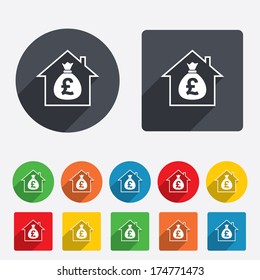 Mortgage sign icon. Real estate symbol. Bank loans. Circles and rounded squares 12 buttons. Vector