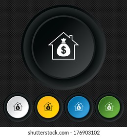 Mortgage sign icon. Real estate symbol. Bank loans. Round colourful buttons on black texture. Vector