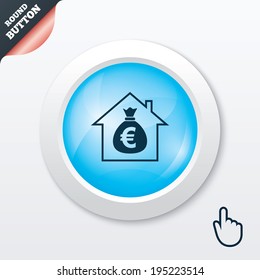 Mortgage sign icon. Real estate symbol. Bank loans. Blue shiny button. Modern UI website button with hand cursor pointer. Vector