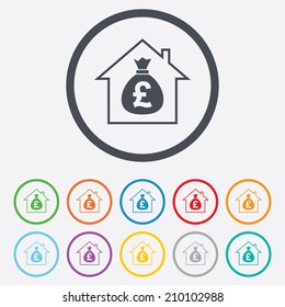 Mortgage sign icon. Real estate symbol. Bank loans. Round circle buttons with frame. Vector