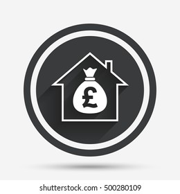 Mortgage sign icon. Real estate symbol. Bank loans. Circle flat button with shadow and border. Vector