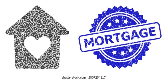 Sello de sellado de sellado de sellado de textura hipotecaria y casa encantadora de mosaico de recursión vectorial. El sello azul contiene texto de hipotecas dentro de la roseta. El mosaico vectorial se compone de objetos de casa encantadores rotados al azar.