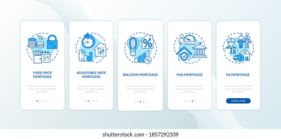 Mortgage types onboarding mobile app page screen with concepts. Adjustable-rate, ballon, FHA loan walkthrough 5 steps graphic instructions. UI vector template with RGB color illustrations