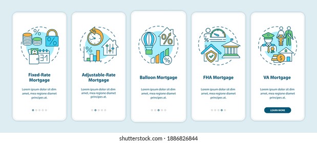 Tipos de hipoteca en la pantalla de la página de aplicaciones móviles con conceptos. Curso de hipoteca FHA de tipo fijo, de pago y de pago 5 pasos de instrucciones gráficas. plantilla de vector de interfaz de usuario con ilustraciones de color RGB