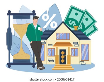 Hypothekenvektor, flache Abbildung. Erwerb von Immobilien auf Kredit zu Zinsen von einer Bank. Investitionsvertrag für Immobilien. 