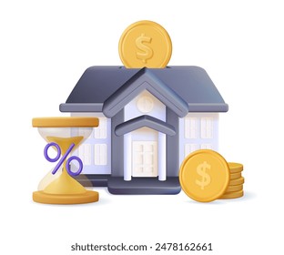 Mortgage vector illustration. 3D tiny house purchase debt percents concept. Buy real estate and pay credit to bank. Abstract ownership agreement visualization. Property money investment contract