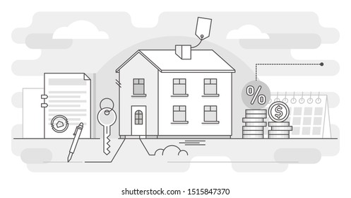 Mortgage vector illustration. BW outlined estate purchase banking process. Obligation financial payment method with house, residence or building. Symbolic credit agreement for real estate deal process