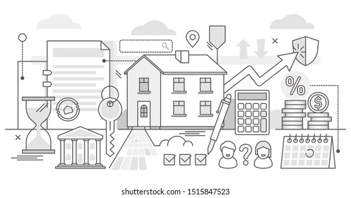 Ilustración vectorial hipotecaria. BW esbozó el proceso de banca de compra de bienes raíces. Forma de pago financiero de la obligación con vivienda, residencia o edificio. Acuerdo simbólico de crédito para el proceso de negociación de bienes raíces