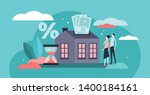 Mortgage vector illustration. Flat tiny house purchase debt persons concept. Buy real estate and pay credit to bank. Abstract ownership agreement visualization. Property money investment contract.