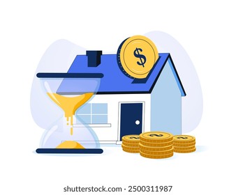 Mortgage vector illustration. Flat tiny house purchase debt persons concept. Buy real estate and pay credit to bank. Abstract ownership agreement visualization. Property money investment contract.