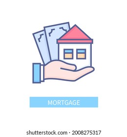 Hipoteca - diseño de línea vectorial un único icono aislado sobre fondo blanco. Colorida imagen de una mano sosteniendo una casa y dinero. Desarrollo inmobiliario, servicios bancarios, idea de mejora de la vivienda