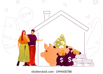 Mortgage web concept. Couple buying new house using bank loan, financial tools. People scene with flat line characters design for website. Vector illustration for social media promotional materials
