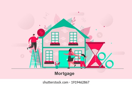 Mortgage web concept design in flat style. Purchasers of real property scene visualization. Mortgage insurance for home loan service. Vector illustration with tiny people characters in life situation.