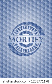 Mortify blue emblem with geometric pattern background.