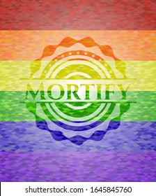 Mortify emblem on mosaic background with the colors of the LGBT flag