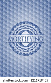 Mortifying blue emblem or badge with abstract geometric pattern background.