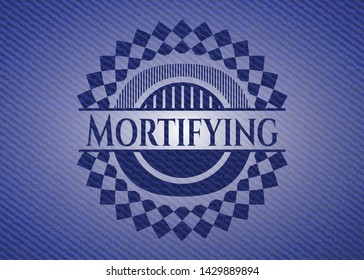 Mortifying emblem with jean high quality background. Vector Illustration. Detailed.
