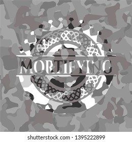 Mortifying grey camouflage emblem. Vector Illustration.