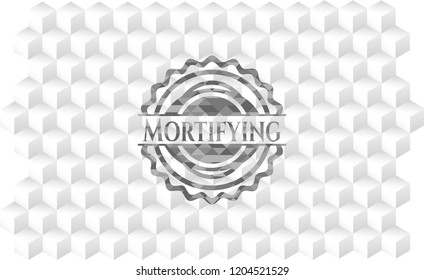 Mortifying grey emblem with geometric cube white background