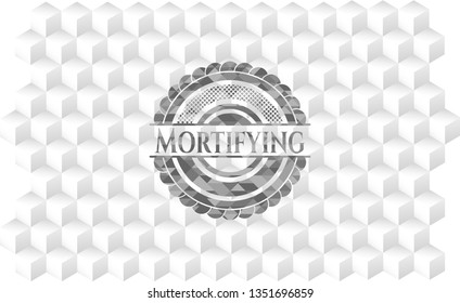 Mortifying grey emblem with geometric cube white background