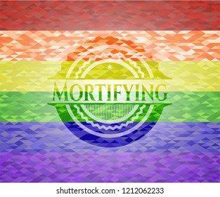 Mortifying on mosaic background with the colors of the LGBT flag