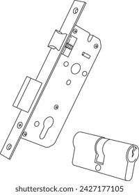 Mortise lock and cylinder door vector lines