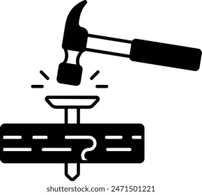Mortise and tenon concept, Hammer Hitting the Nail head  to Joint the Slab vector icon design, timber and lumber Symbol, Forestry and Deforestation Sign, forest farming and woodland stock illustration
