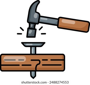 Mortise and tenon concept, Hammer Hitting the Nail head to Joint the Slab vector outline design, timber and lumber Symbol, forest Deforestation products Sign,mill yard and woodland stock illustration