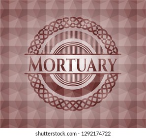 Mortuary red emblem or badge with geometric pattern background. Seamless.