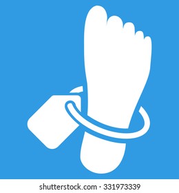 Mortuary Tag vector icon. Style is flat symbol, white color, rounded angles, blue background.