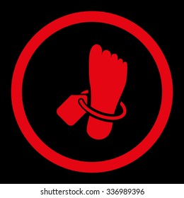 Mortuary Tag vector icon. Style is flat rounded symbol, red color, rounded angles, black background.