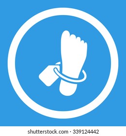 Mortuary Tag vector icon. Style is flat rounded symbol, white color, rounded angles, blue background.