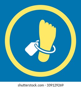 Mortuary Tag vector icon. Style is bicolor flat rounded symbol, yellow and white colors, rounded angles, blue background.