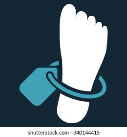 Mortuary Tag vector icon. Style is bicolor flat symbol, blue and white colors, rounded angles, dark blue background.