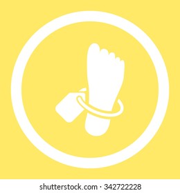Mortuary Tag vector icon. Style is flat rounded symbol, white color, rounded angles, yellow background.