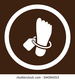 Mortuary Tag vector icon. Style is flat rounded symbol, white color, rounded angles, brown background.