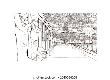 The Mortuary Temple of Hatshepsut, also known as the Djeser-Djeseru, is an ancient funerary shrine in Upper Egypt. Hand drawn sketch illustration in vector.