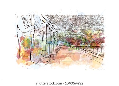 The Mortuary Temple of Hatshepsut, also known as the Djeser-Djeseru, is an ancient funerary shrine in Upper Egypt. Watercolor splash with hand drawn sketch in vector.
