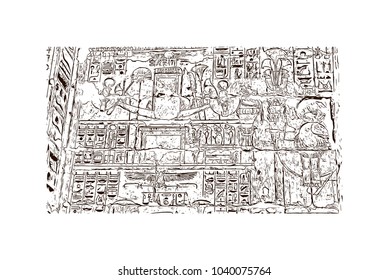 The Mortuary Temple of Ramesses III at Medinet Habu is an important New Kingdom period structure in the West Bank of Luxor in Egypt. Hand drawn sketch illustration in vector.